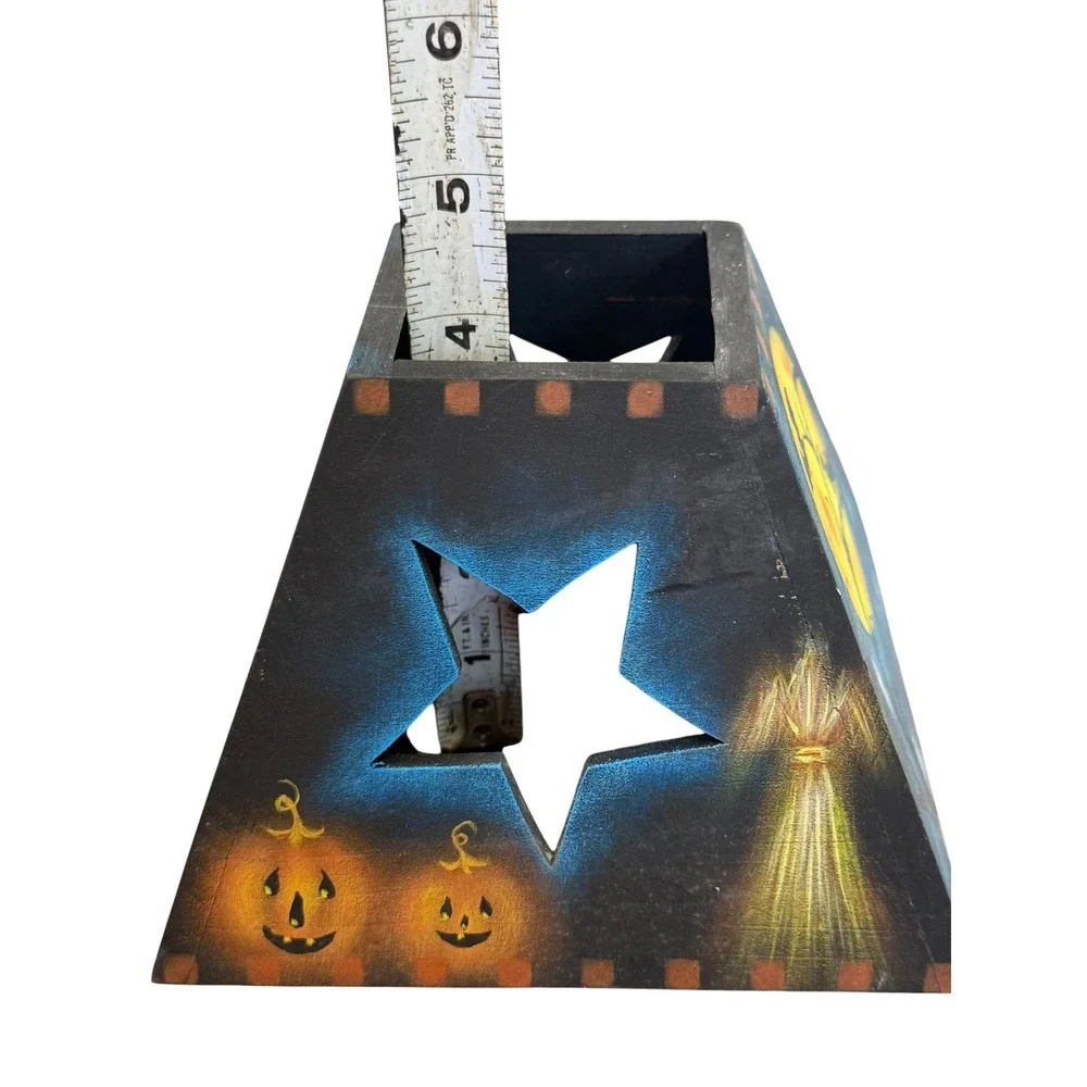 Hand Painted Wooden Halloween Tealight Candle Holder Primitive Jack O Lantern 5